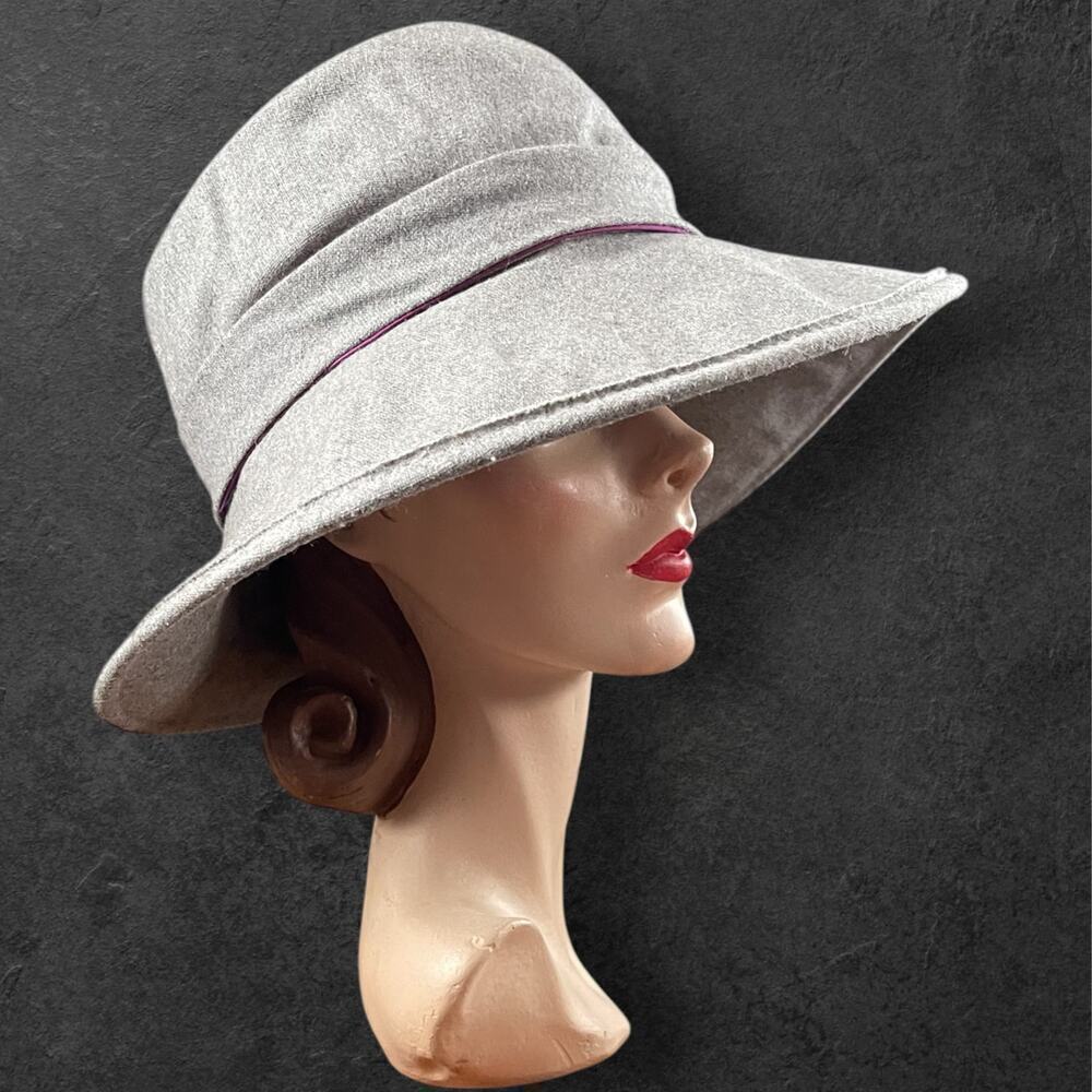 Kate Landry Grey 100% Wool Hat Wide Brim Cloche Purple Satin Ribbon ✨READ✨ - Picture 7 of 13